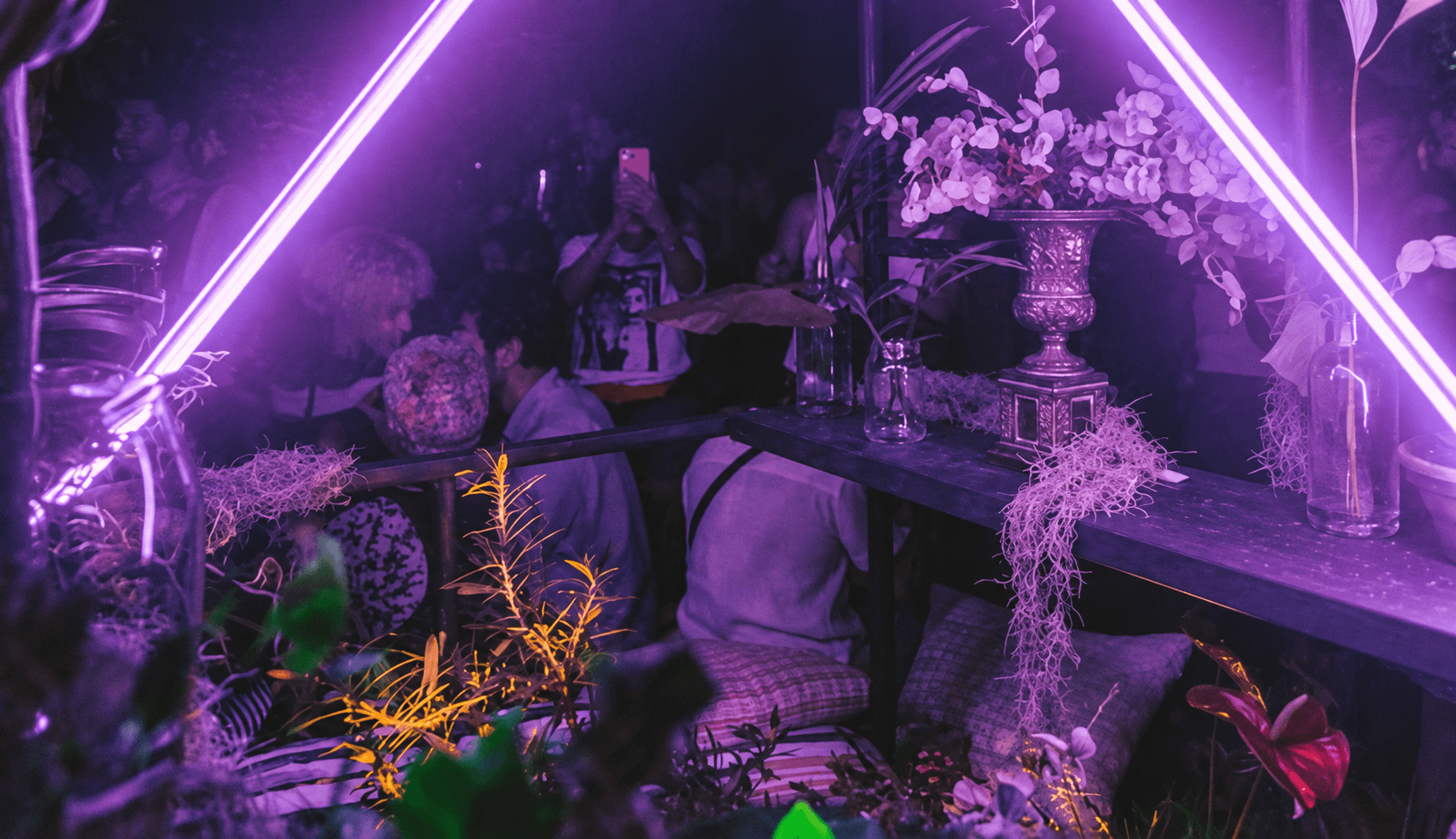 Purple-lit tables beneath the installation at Love na Casa Rosa.